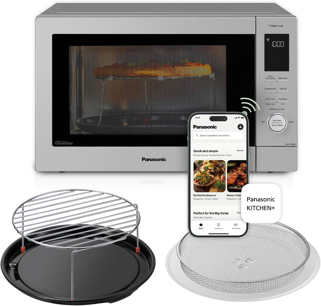 Panasonic HomeChef - Combo de freidora de aire para microondas 4 en 1, ahorro de tiempo, 20 presets + recetas vinculadas a la aplicación, inversor de 1000 W, 1.2 pies cúbicos