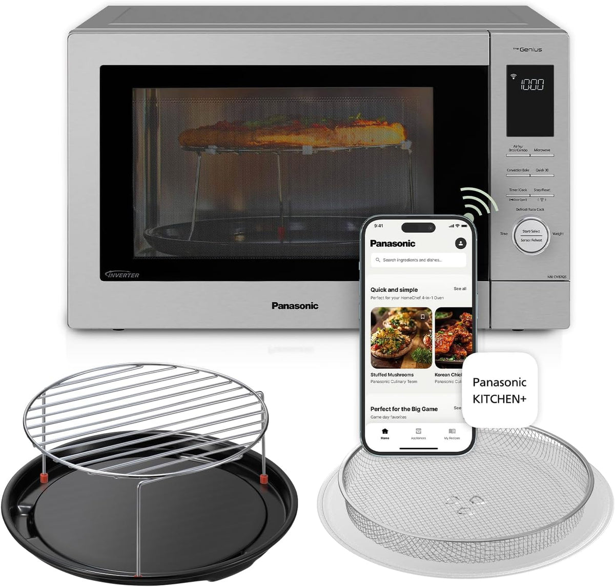 Panasonic HomeChef - Combo de freidora de aire para microondas 4 en 1, ahorro de tiempo, 20 presets + recetas vinculadas a la aplicación, inversor de 1000 W, 1.2 pies cúbicos