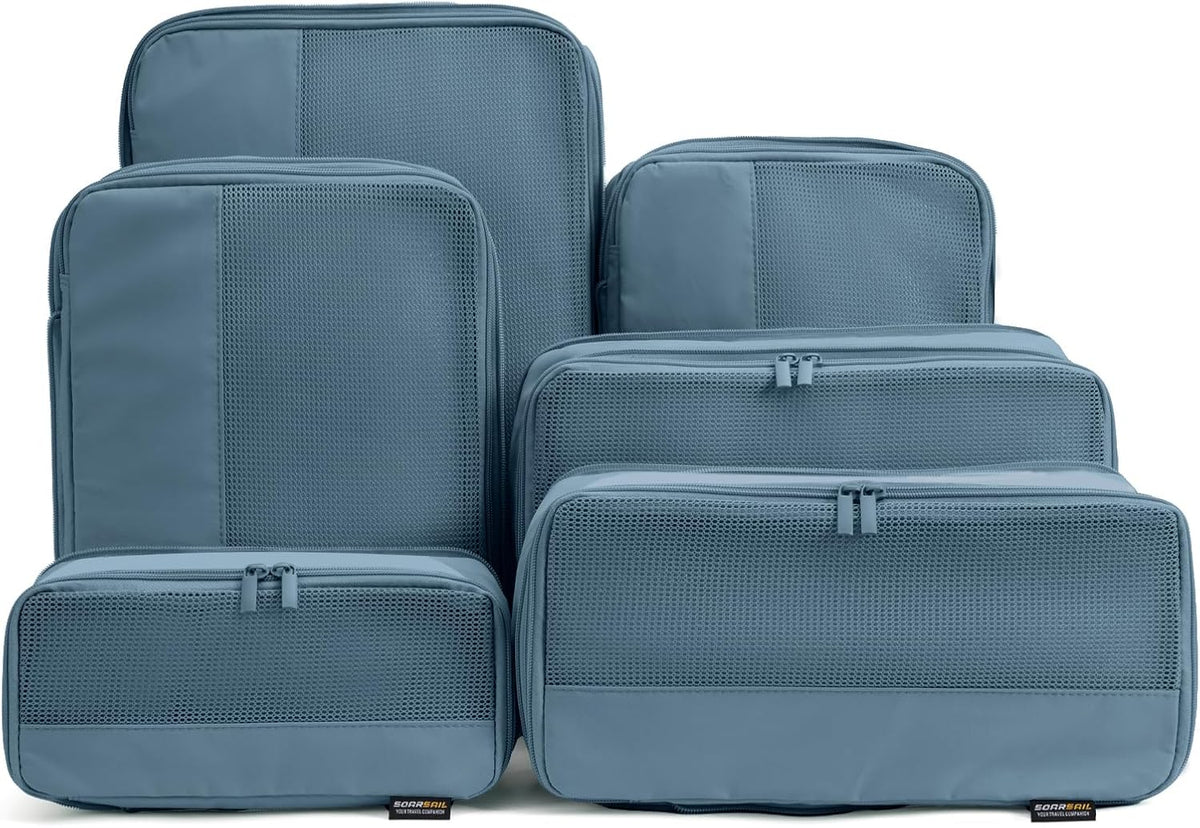 Cubos de embalaje de compresión para viajes, juego de 4 cubos de embalaje ligeros para maletas y mochilas, organizador que ahorra espacio para ropa, Gris Azul 6, Paquete de 6