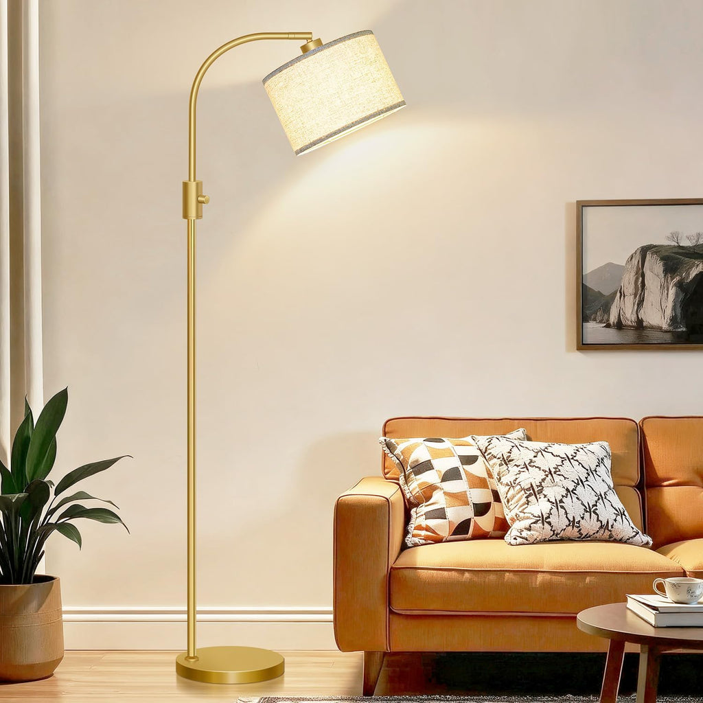 Lámpara de pie alta, moderna y regulable con dimmer Arc, pantalla de lino, 1200 lúmenes, bombilla LED incluida, para sala de estar y lectura, dormitorio, oficina y nursery, dorado