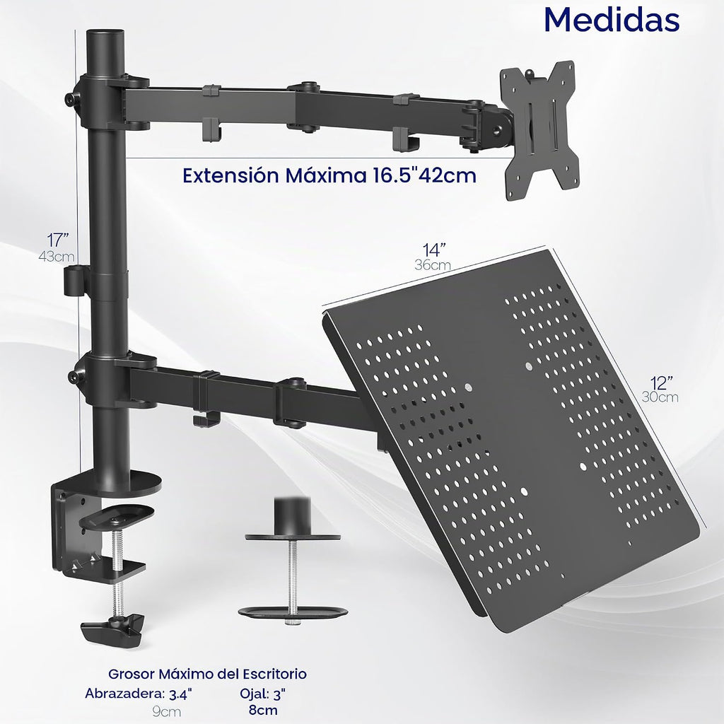 VIVO Negro totalmente ajustable de 13 a 32 pulgadas para monitor de computadora individual y soporte de escritorio para laptop, combinación con opción de ojal, se adapta hasta laptops de 17 pulgadas