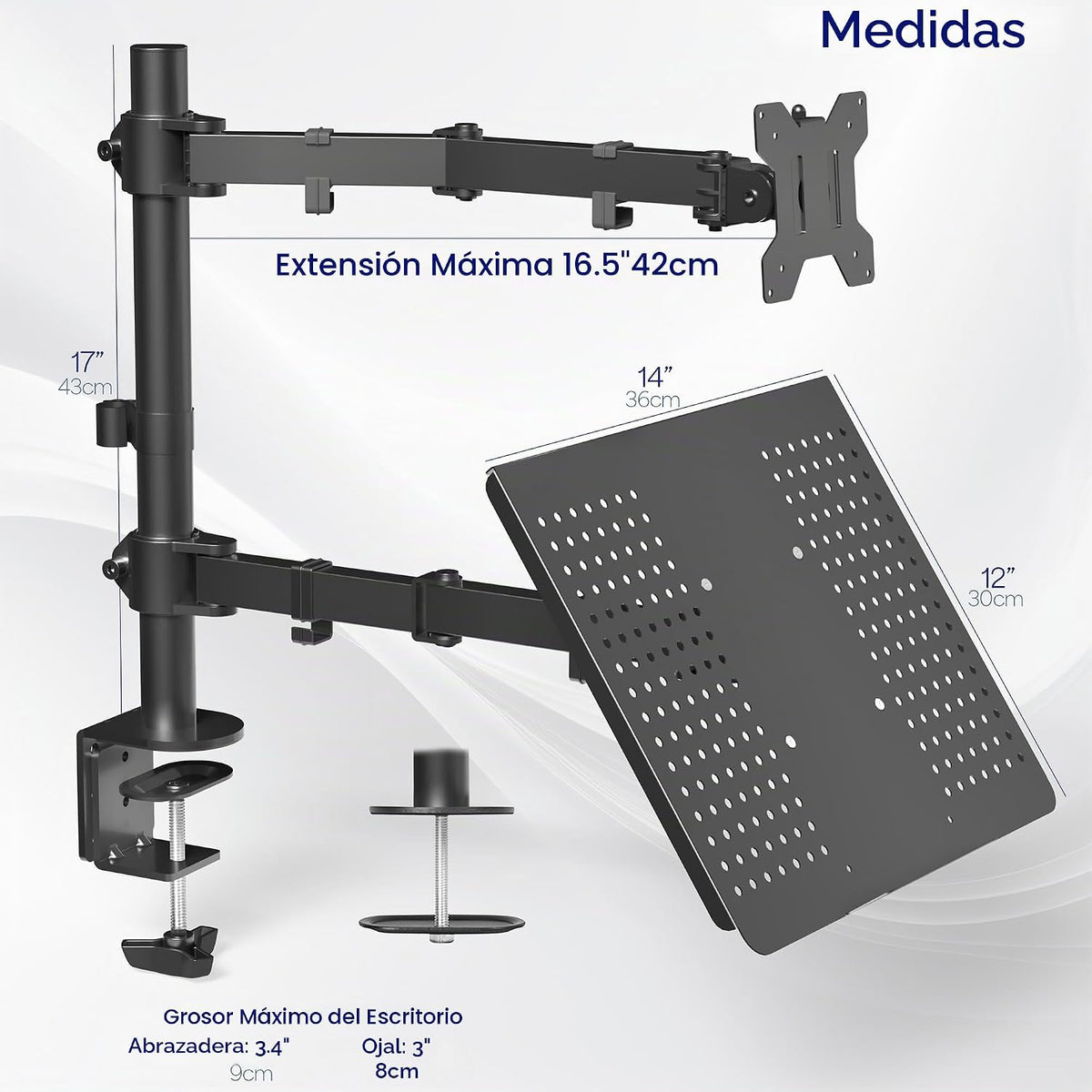 VIVO Negro totalmente ajustable de 13 a 32 pulgadas para monitor de computadora individual y soporte de escritorio para laptop, combinación con opción de ojal, se adapta hasta laptops de 17 pulgadas