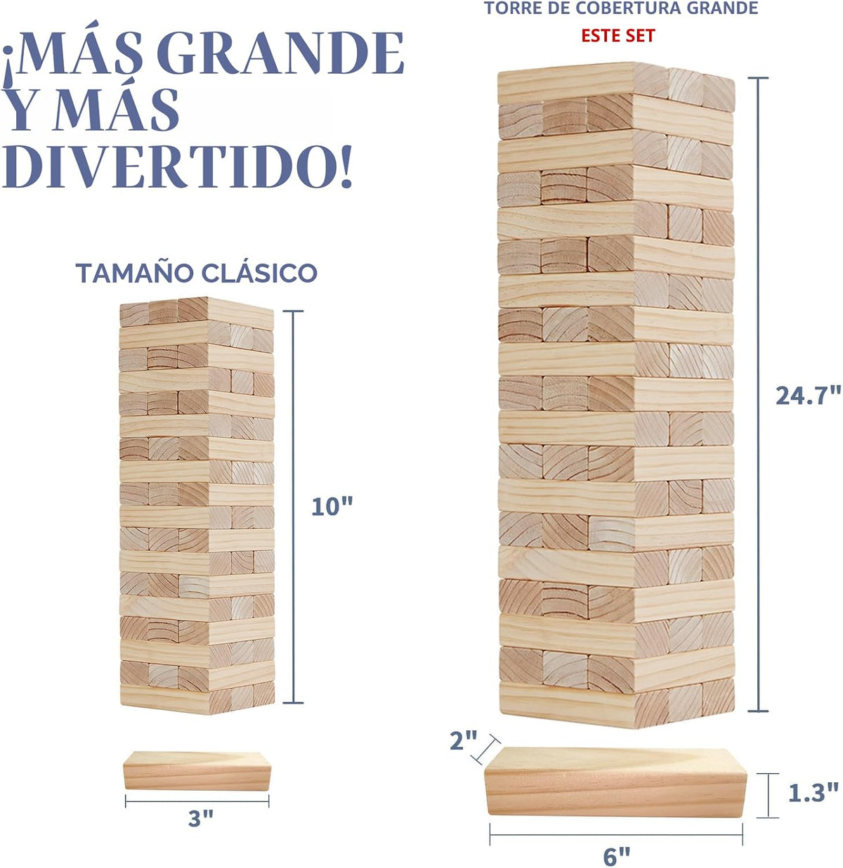 Juegos gigantes de torre de caída para niños y adultos, 57 bloques de madera de pino de Nueva Zelanda apilados a más de 4.2 pies, juegos familiares para interiores y exteriores, juegos de patio