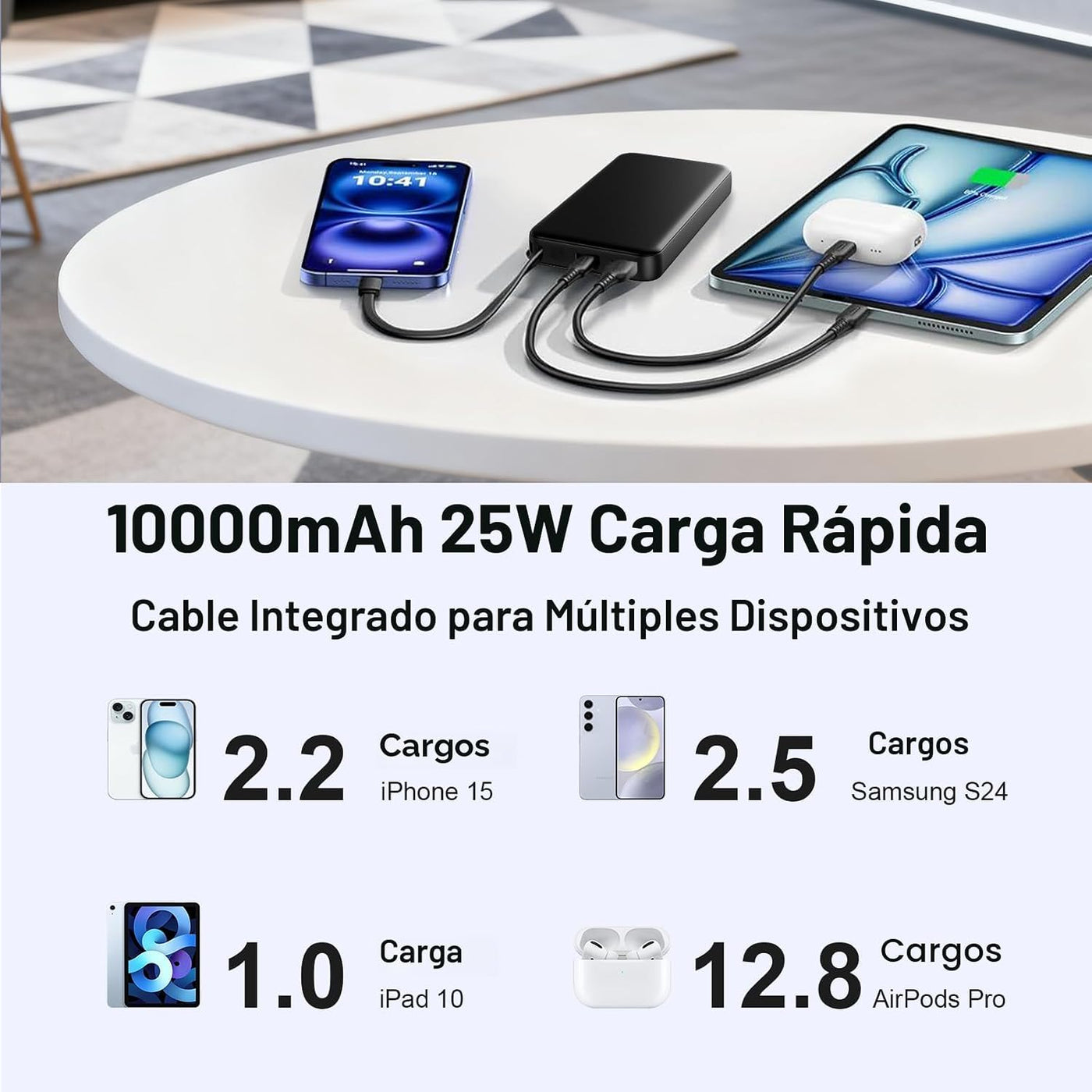 JUOVI Power Bank 25W 10000mAh Cargador portátil con cable incorpora...