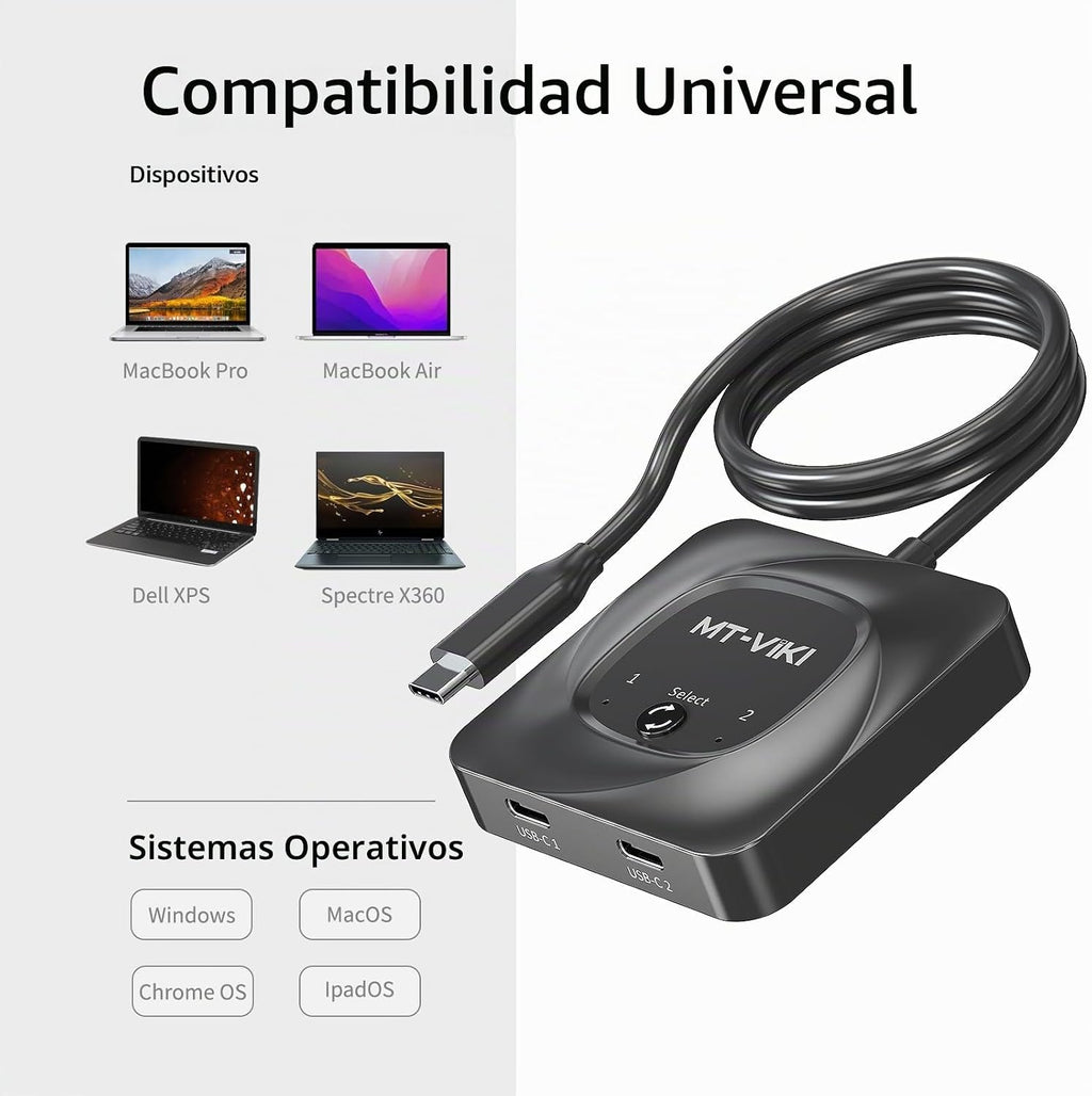 MT-VIKI Interruptor USB C bidireccional 8K60Hz 2 en 1 Salida Tipo C Switcher 1 en 2 Salida 4K@120Hz 10Gbps Transmisión de datos PD 100W Carga