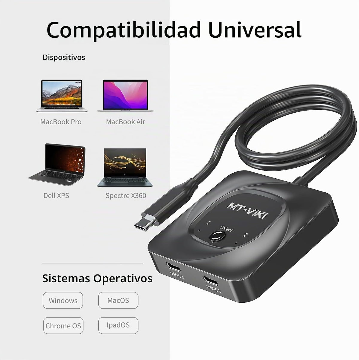 MT-VIKI Interruptor USB C bidireccional 8K60Hz 2 en 1 Salida Tipo C Switcher 1 en 2 Salida 4K@120Hz 10Gbps Transmisión de datos PD 100W Carga