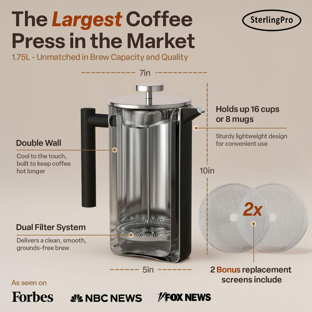 SterlingPro - Cafetera de prensa francesa de acero inoxidable extra grande con aislamiento no tóxico de 64 onzas, capacidad de 1/2 galón/2 litros (rendimiento de preparación de 59 onzas)