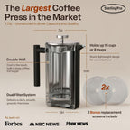 SterlingPro - Cafetera de prensa francesa de acero inoxidable extra grande con aislamiento no tóxico de 64 onzas, capacidad de 1/2 galón/2 litros (rendimiento de preparación de 59 onzas)