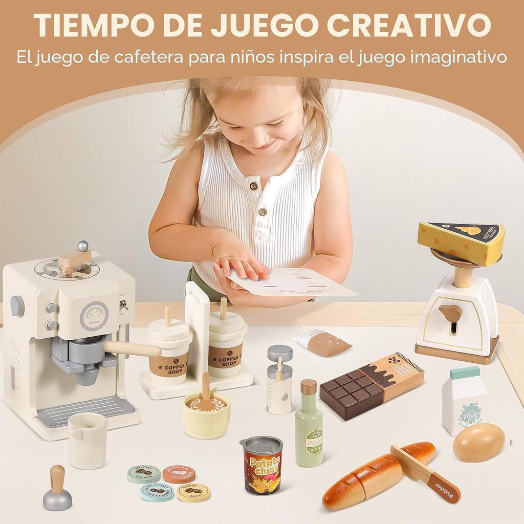 Kids Wooden Coffee Playset con Grinder, Toy Coffee Maker para Kids Toddlers, Pretend Play Kitchen Appliances & Accessories Toy Gift para Boys Girls