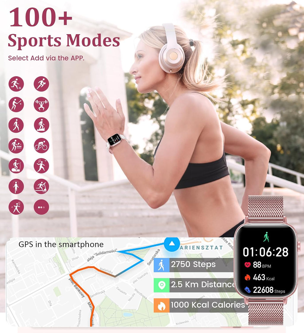Reloj inteligente de 1.83 pulgadas para mujer con llamada Bluetooth (respuesta/marcación), rastreador de actividad física con más de 100 modos deportivos, monitor de frecuencia cardíaca/sueño, podómetro, relojes inteligentes para mujer, compatible con