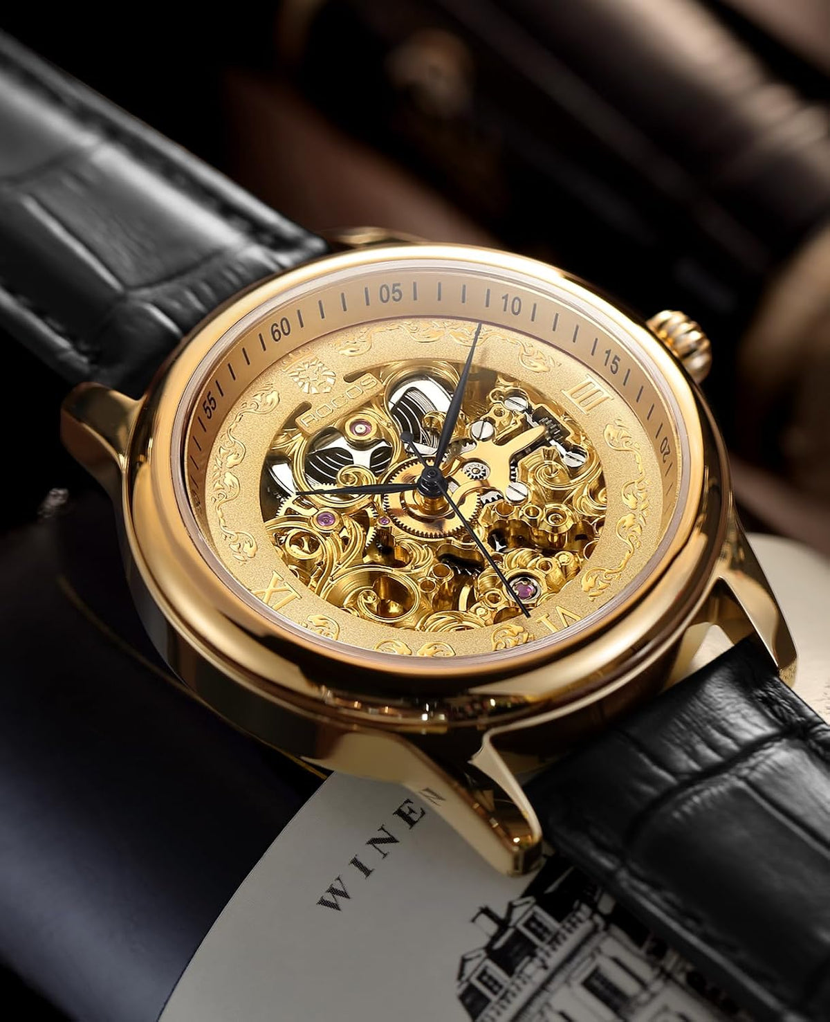 ROCOSJEWE R0106 Reloj Automático para Hombres – Esqueleto de Dial en Oro de Lujo, Reloj Mecánico de Gran Reserva Automático, Reloj de Moda para Hombre, Reloj con Correa de Cuero Negra/Marrón, Resistente al Agua, Regalo para Hombres