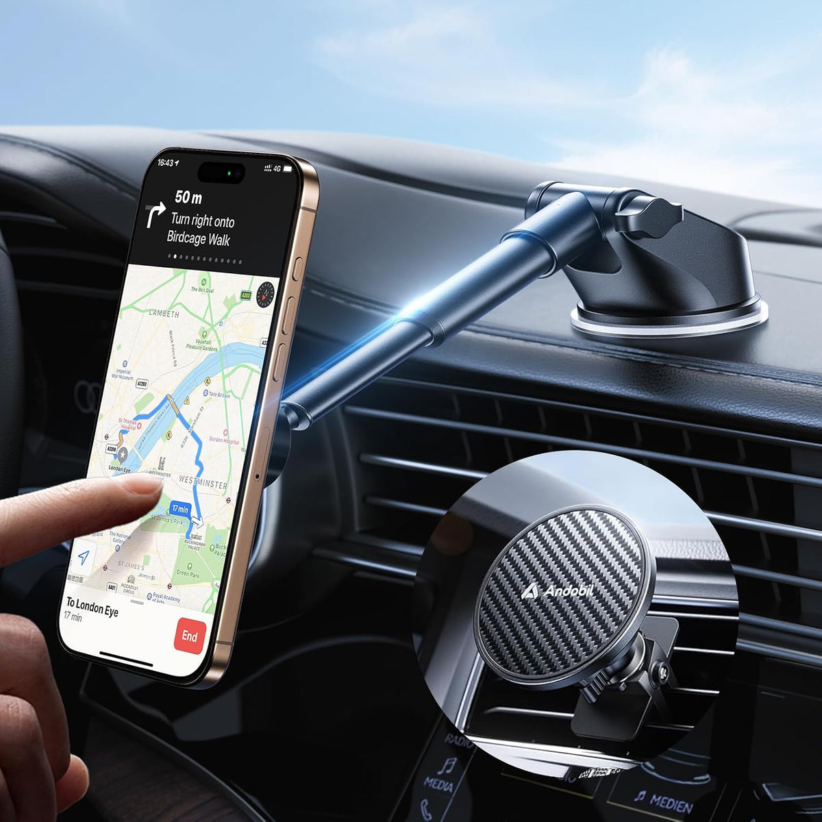 【Grado militar】Soporte magnético 3 en 1 andobil para ventilación del parabrisas del salpicadero del automóvil 【Succión mejorada y imán más fuerte】Retráctil para alfombrillas MagSafe de montaje de automóvil para iPhone 17, 16, 15, 14 Pro Max Sumsung