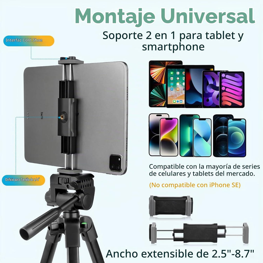 Aureday - Soporte para trípode de teléfono, trípode extensible de 64" para celular y cámara con control remoto inalámbrico y soporte para teléfono, trípode de aluminio para iPad para grabación de