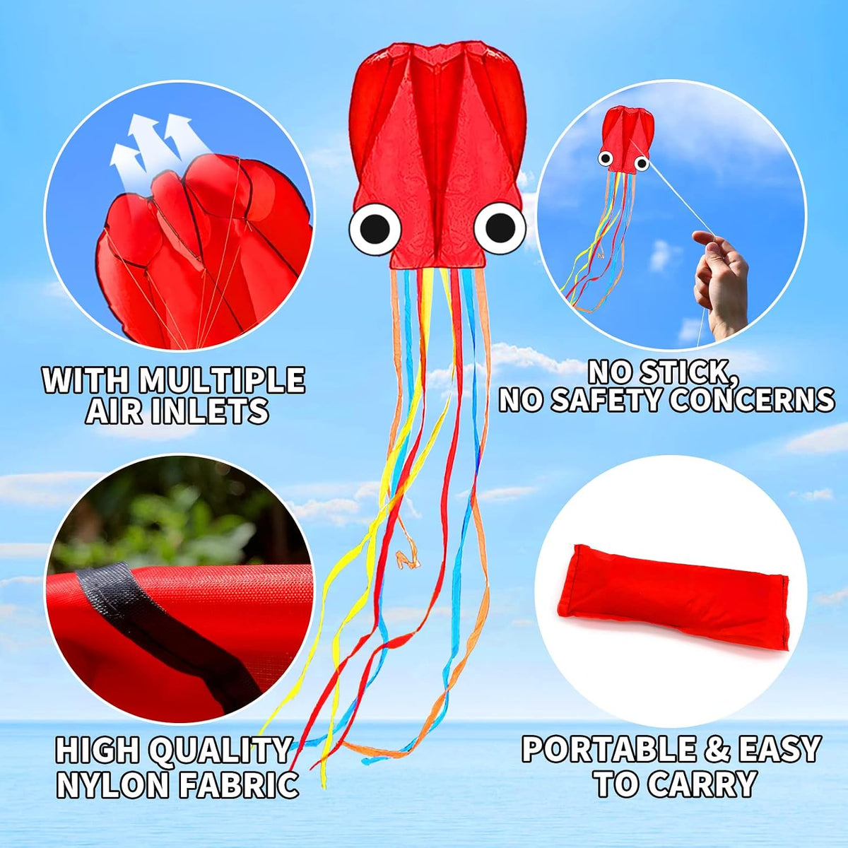 Octopus Kite para Kids & Adults, Easy a Fly Beach Kites para Kid Ages 4-8