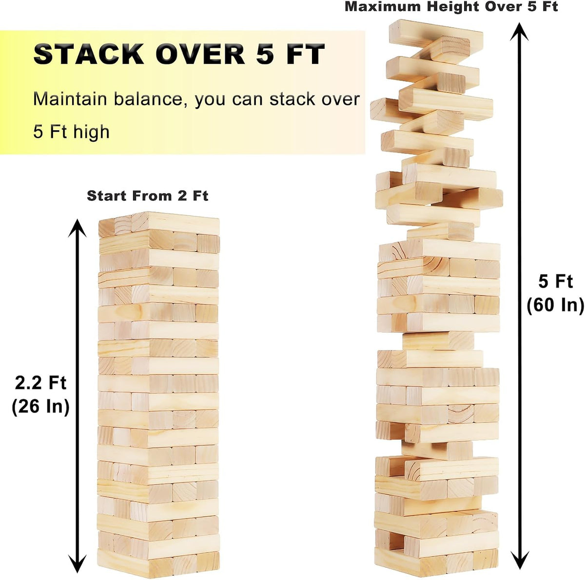 Torre gigante de madera, 60 piezas, juego familiar de patio de hasta 5 pies