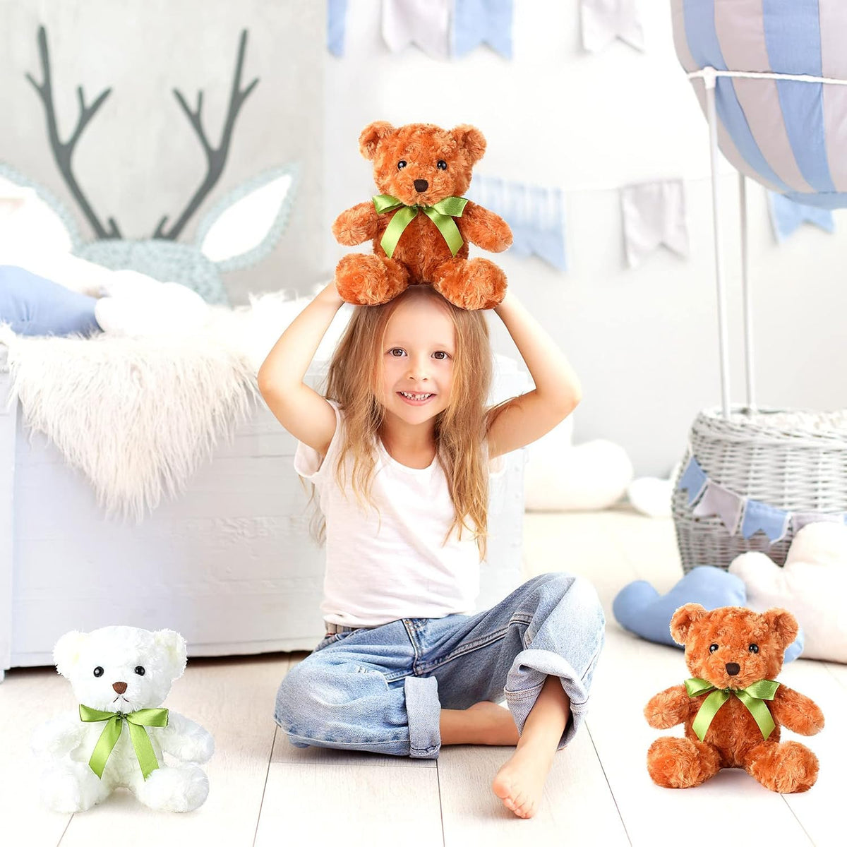HyDren 24 piezas de animales de peluche con lazo verde de 10 pulgadas
