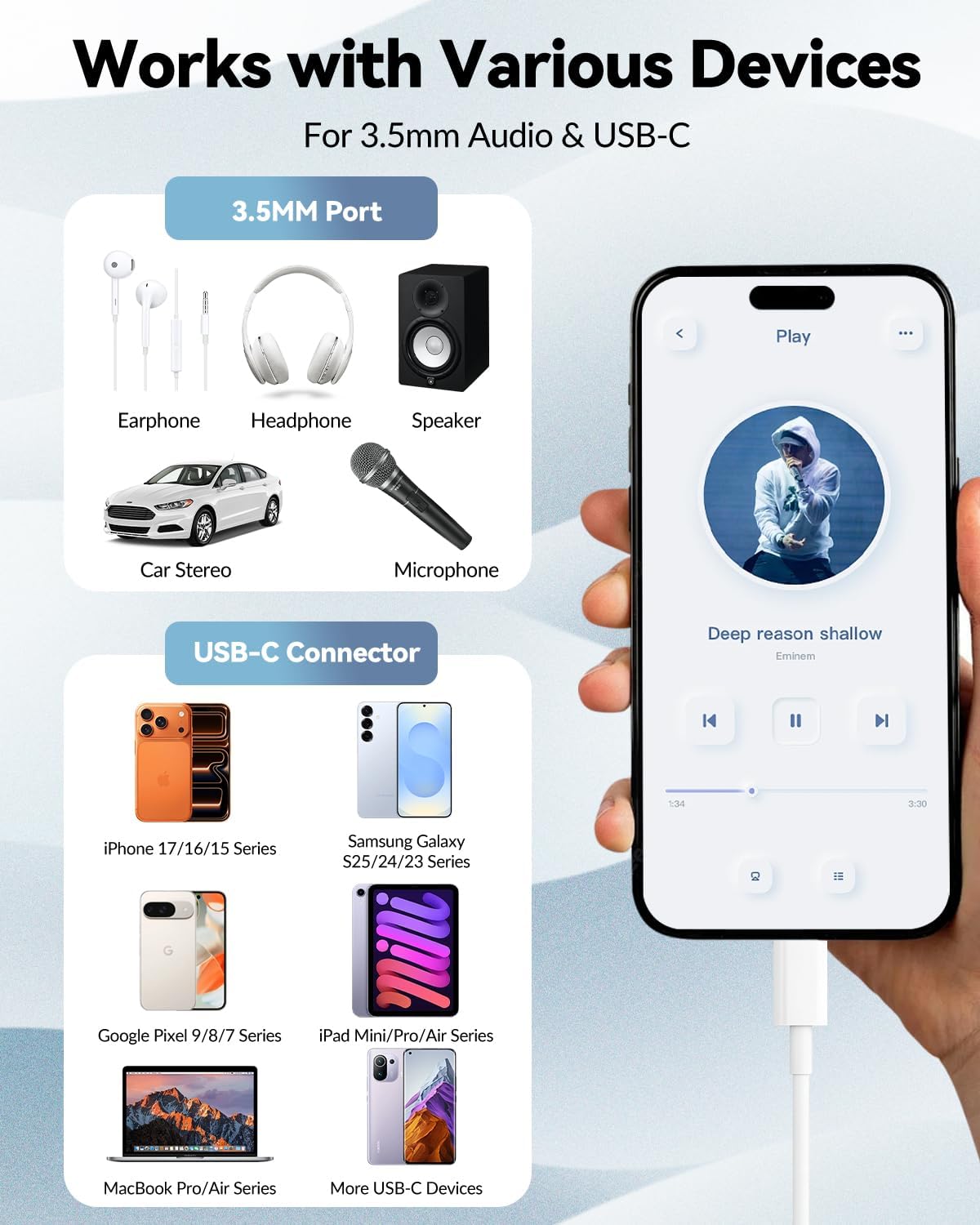 Adaptador USB C a conector de auriculares de 3.5mm para iPhone 17/16/15 Pro/Max, Dongle DAC de audio de alta resolución, convertidor de cable auxiliar de 3.5mm para Samsung Galaxy, iPad