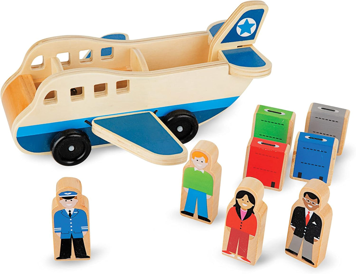 Melissa Doug Juego de avión de madera con 4 figuras de