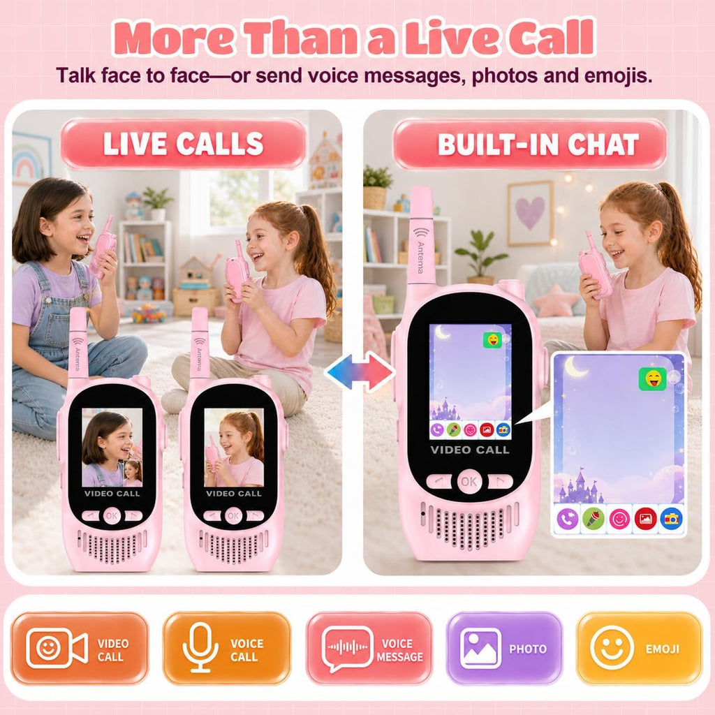 Walkie Talkies de video para niños, paquete de 2 walkie talkies recargables con cámara y pantalla, radios bidireccionales de largo alcance para acampar en interiores y exteriores, regalos para niñas y