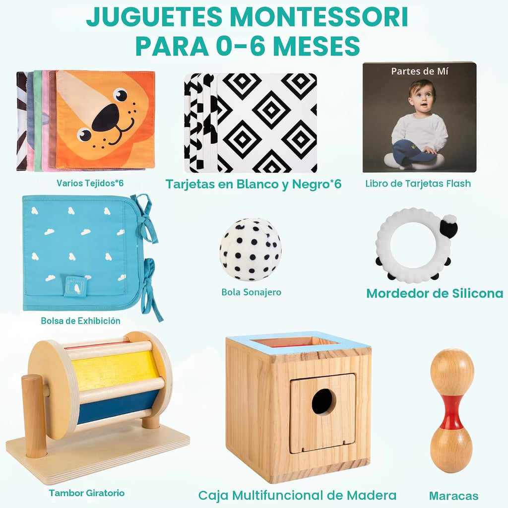 WOODMAM - Juguetes Montessori para bebés de 0 a 6 meses, kit educativo 9 en 1