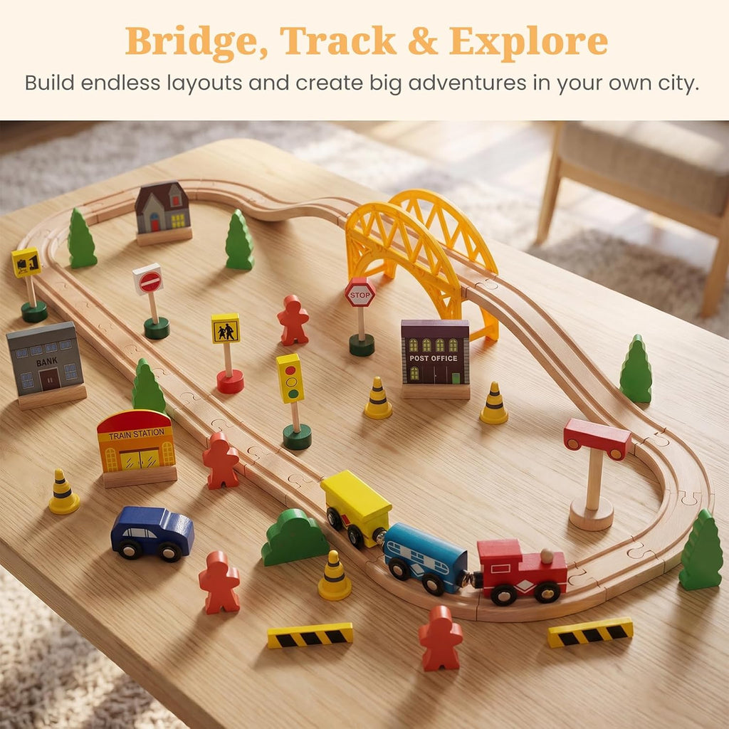Juego de tren de 60 piezas para niños de 3 años, vías de juego de tren de madera de doble cara para niños pequeños, compatible con Brio, Thomas, Melissa y Doug, juguetes de tren de madera para niños y