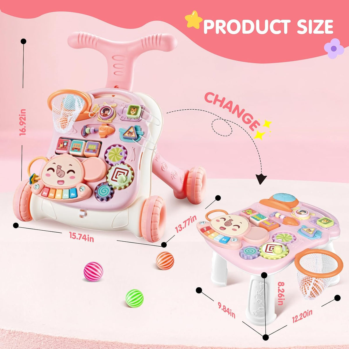 AuntyFey Baby Walker, 3 en 1 Push Walker para Niñas y Niños, Juguete para Aprender a Caminar para 1 Año, de Sentarse a Pararse, Juguete Andador para Niñas 12 Meses, Rosa