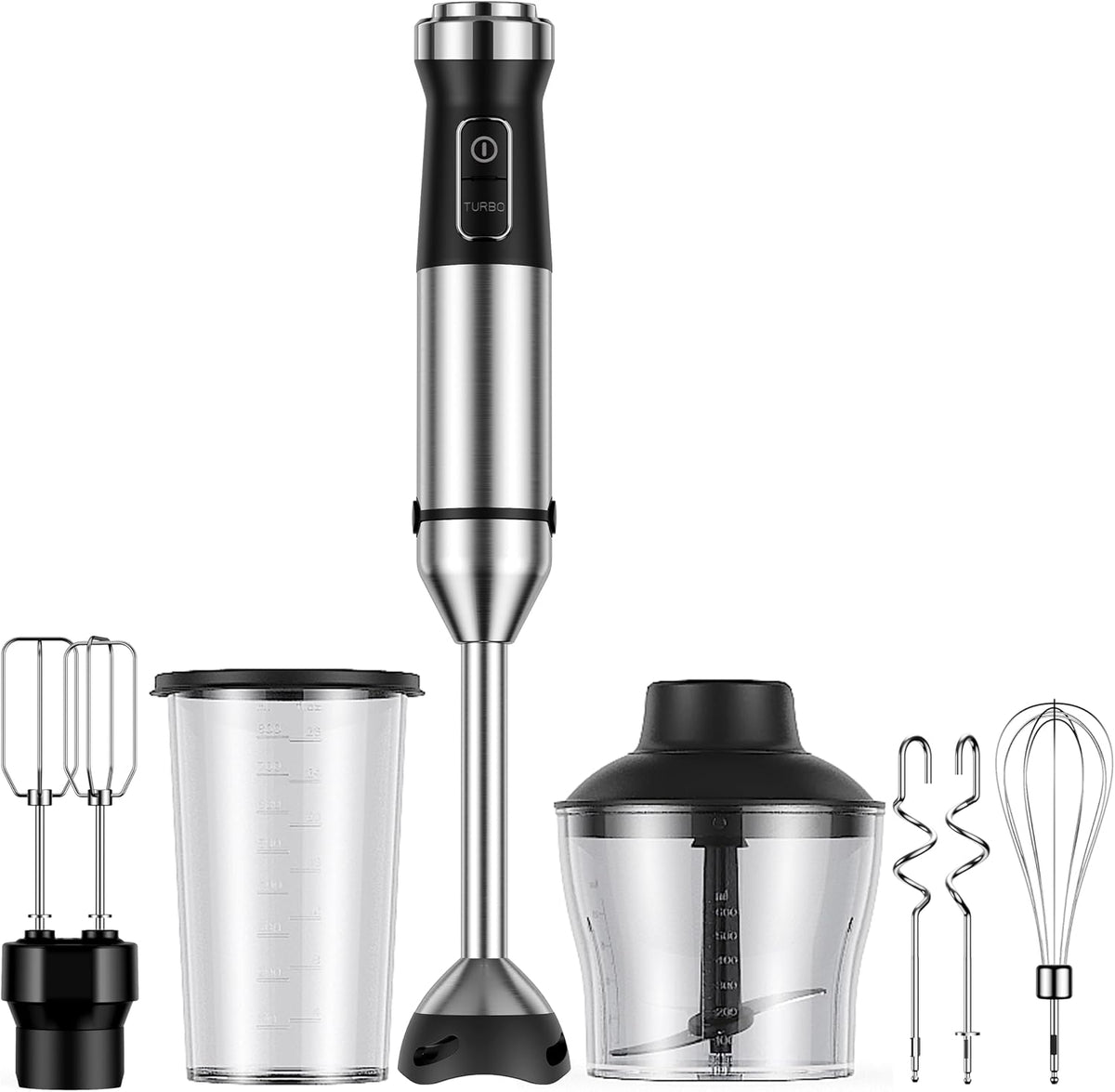 Batidora de inmersión 6 en 1, batidora de mano de 1000 W con 20 velocidades, batidora de palo resistente a los arañazos con batidor, picadora, vaso de precipitados, batidores de huevos y ganchos para masa, batidora de mano resistente, color negro