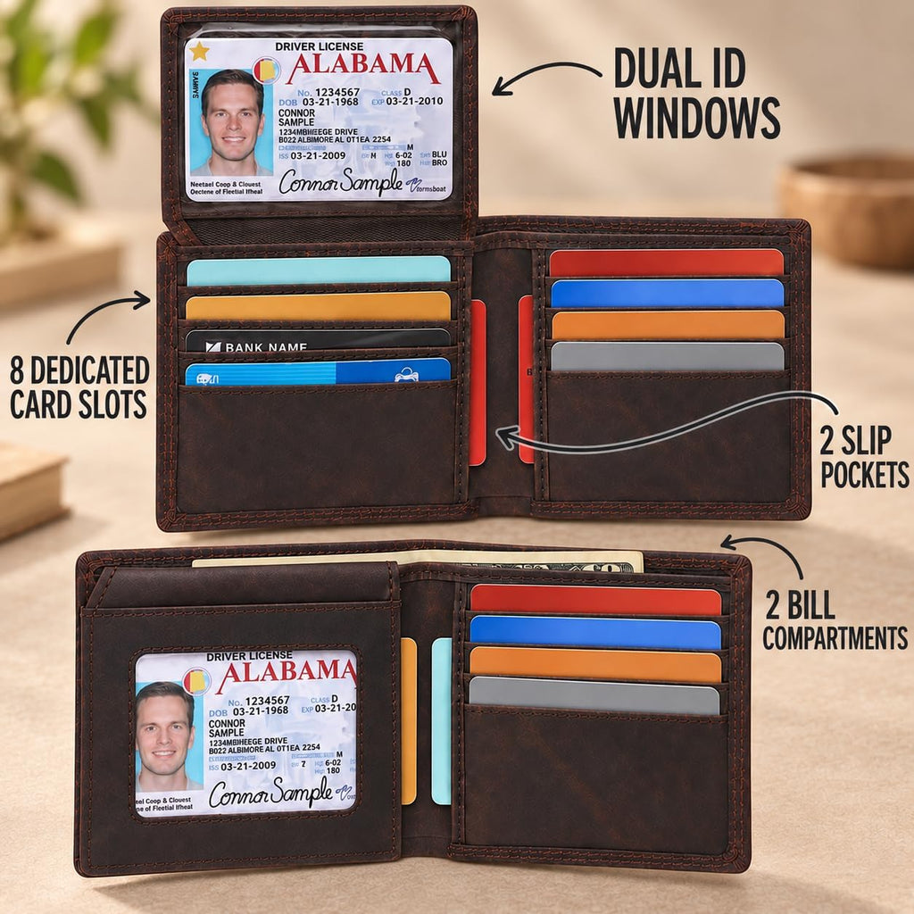 Billetera plegable de cuero de grano superior para hombres | Cartera de bloqueo RFID de doble costura con 2 ventanas para identificación y 10 ranuras para tarjetas, Marrón moca, Bifold