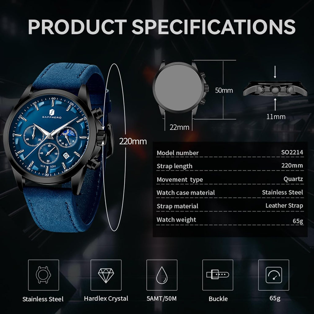 SAPPHERO Relojes cronógrafos para hombre, reloj analógico de acero inoxidable casual original para negocios, 50M, impermeable, luminoso, con esfera de fecha, regalo para hombre