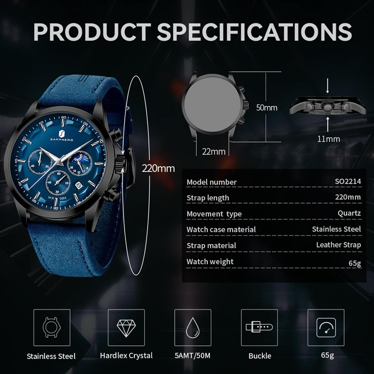 SAPPHERO Relojes cronógrafos para hombre, reloj analógico de acero inoxidable casual original para negocios, 50M, impermeable, luminoso, con esfera de fecha, regalo para hombre