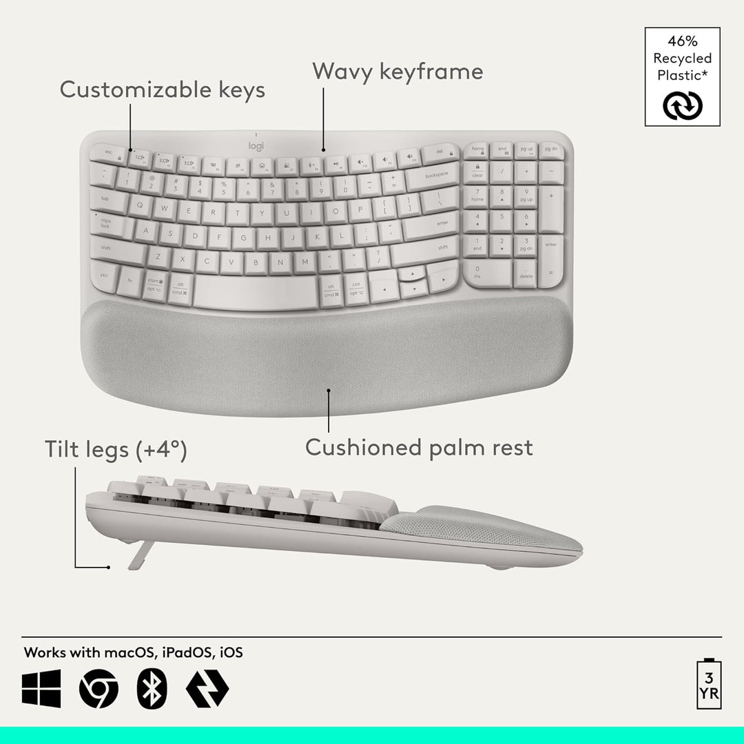 Logitech Wave Keys - Teclado ergonómico inalámbrico con reposamanos...
