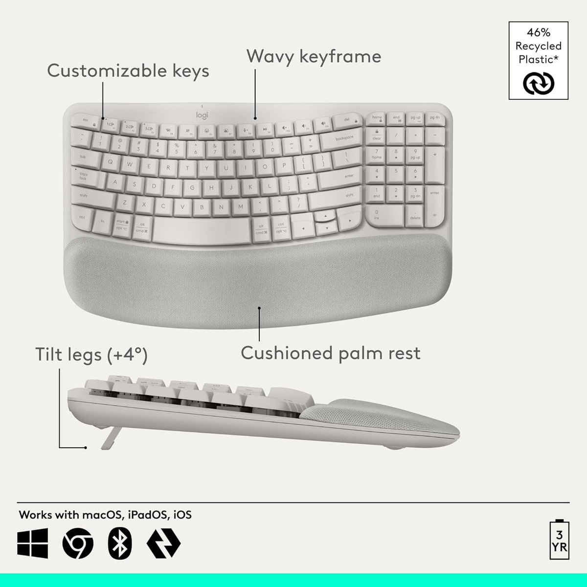 Logitech Wave Keys - Teclado ergonómico inalámbrico con reposamanos...
