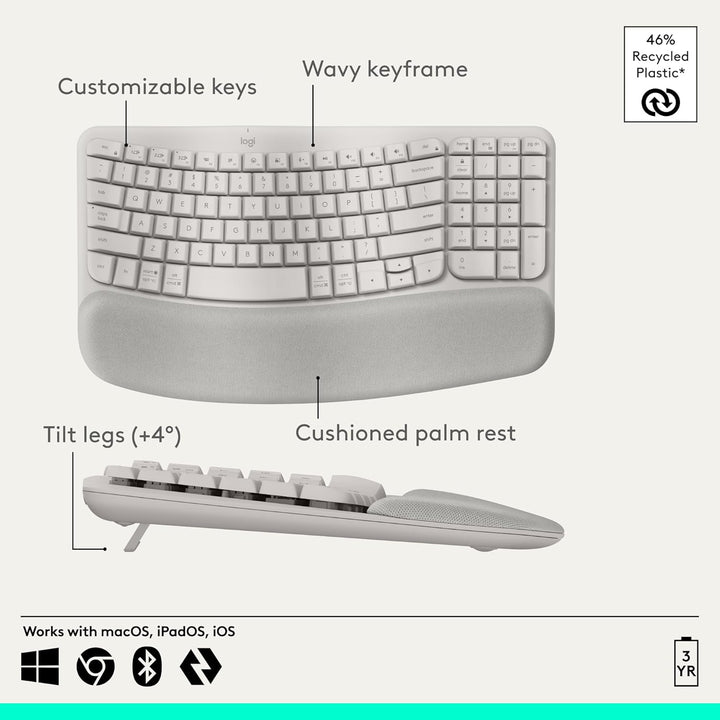 Logitech Wave Keys - Teclado ergonómico inalámbrico con reposamanos...