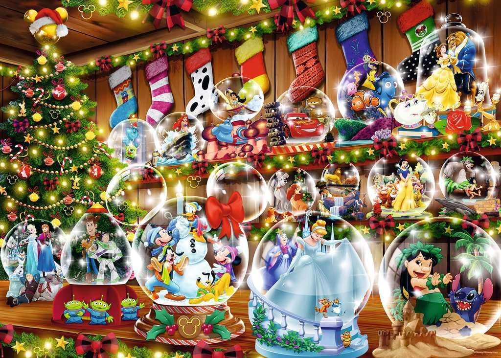 Ravensburger - Disney Christmas - 1000 Piece Jigsaw Puzzle - Dazzling Snow Globes con Cinderella, Snow blanco, Mickey Mouse, y más - Premium Quality - Ages 12+