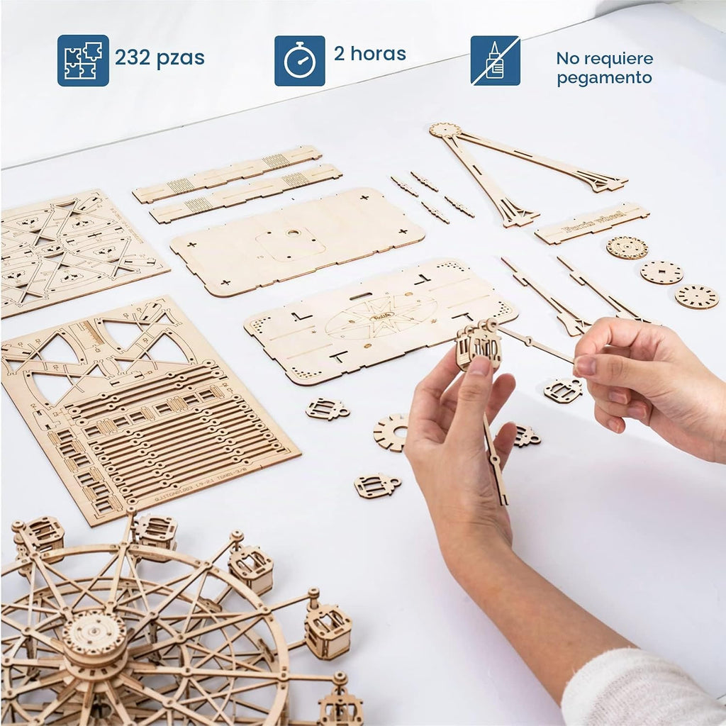Rolife Rompecabezas de madera 3D con manivela de mano, caja de música, juguetes de maquinario, kit de manualidades de madera, regalo creativo para adultos cuando Navidad/cumpleaños (color madera de rueda de fortuna)