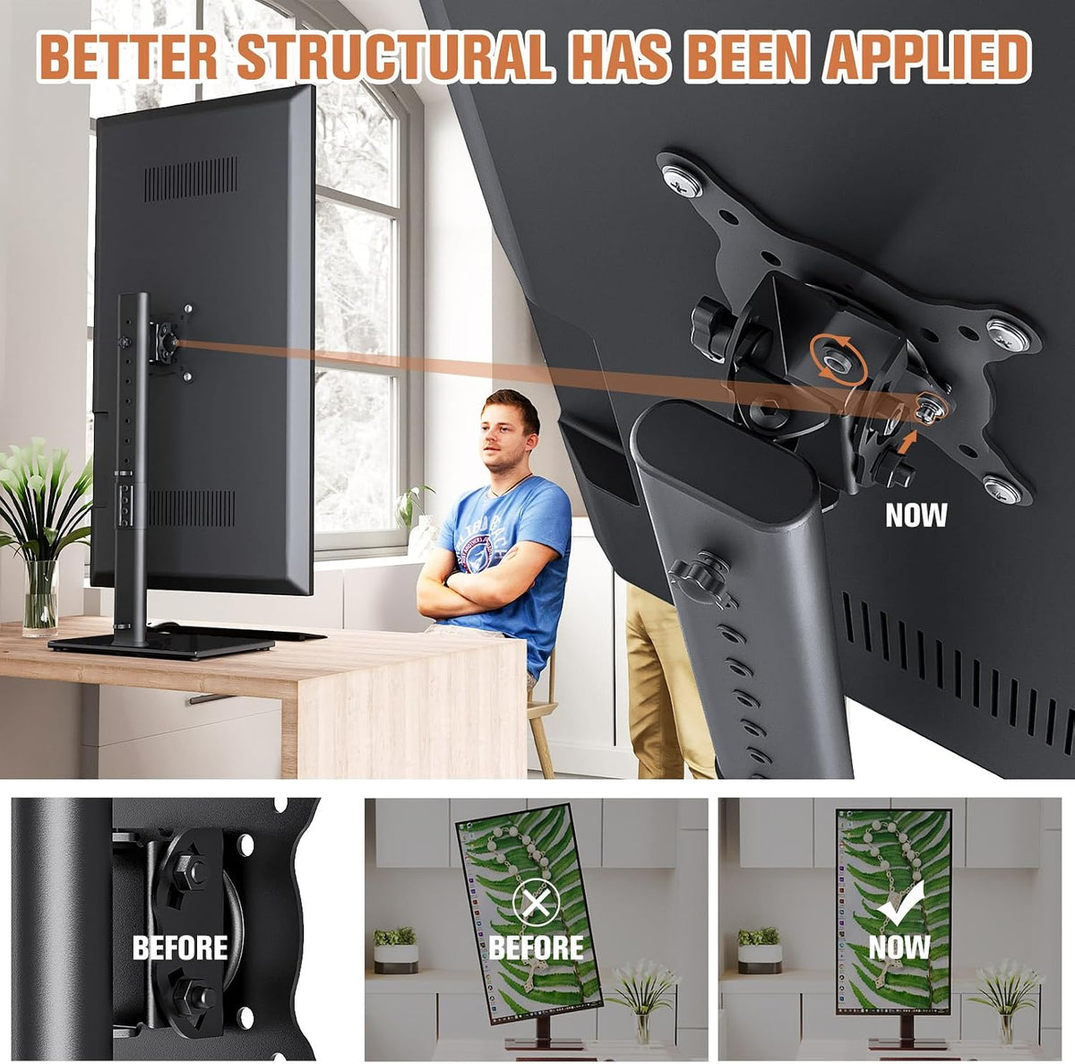 Soporte de monitor individual independiente de 27-43 pulgadas, brazo de monitor de pantalla curva, soporte de monitor con base de vidrio templado, movimiento ajustable, inclinación -15° a 10°, giro ±