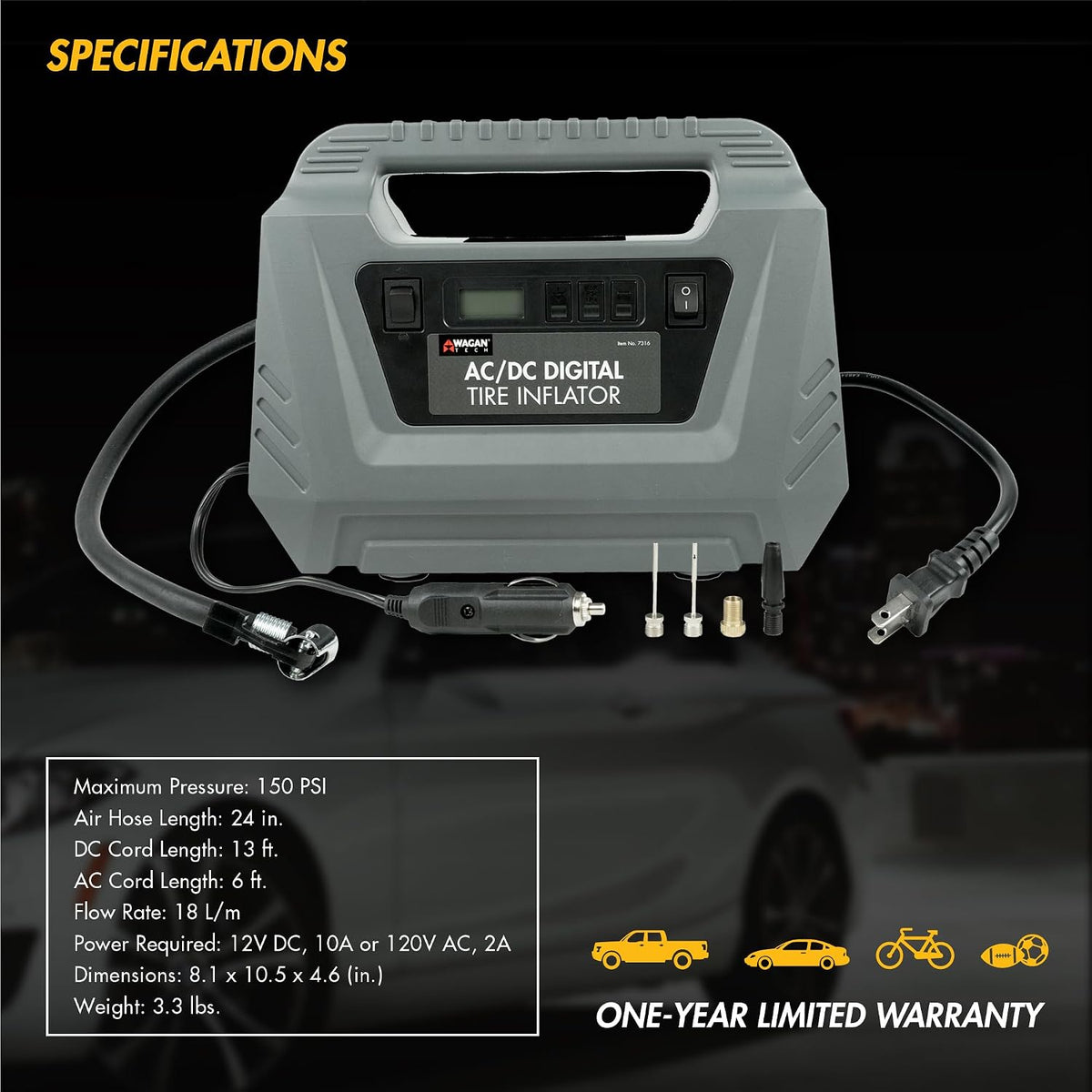 Wagan EL7316 Pantalla digital Dual AC DC 120V 12V Compresor de aire...