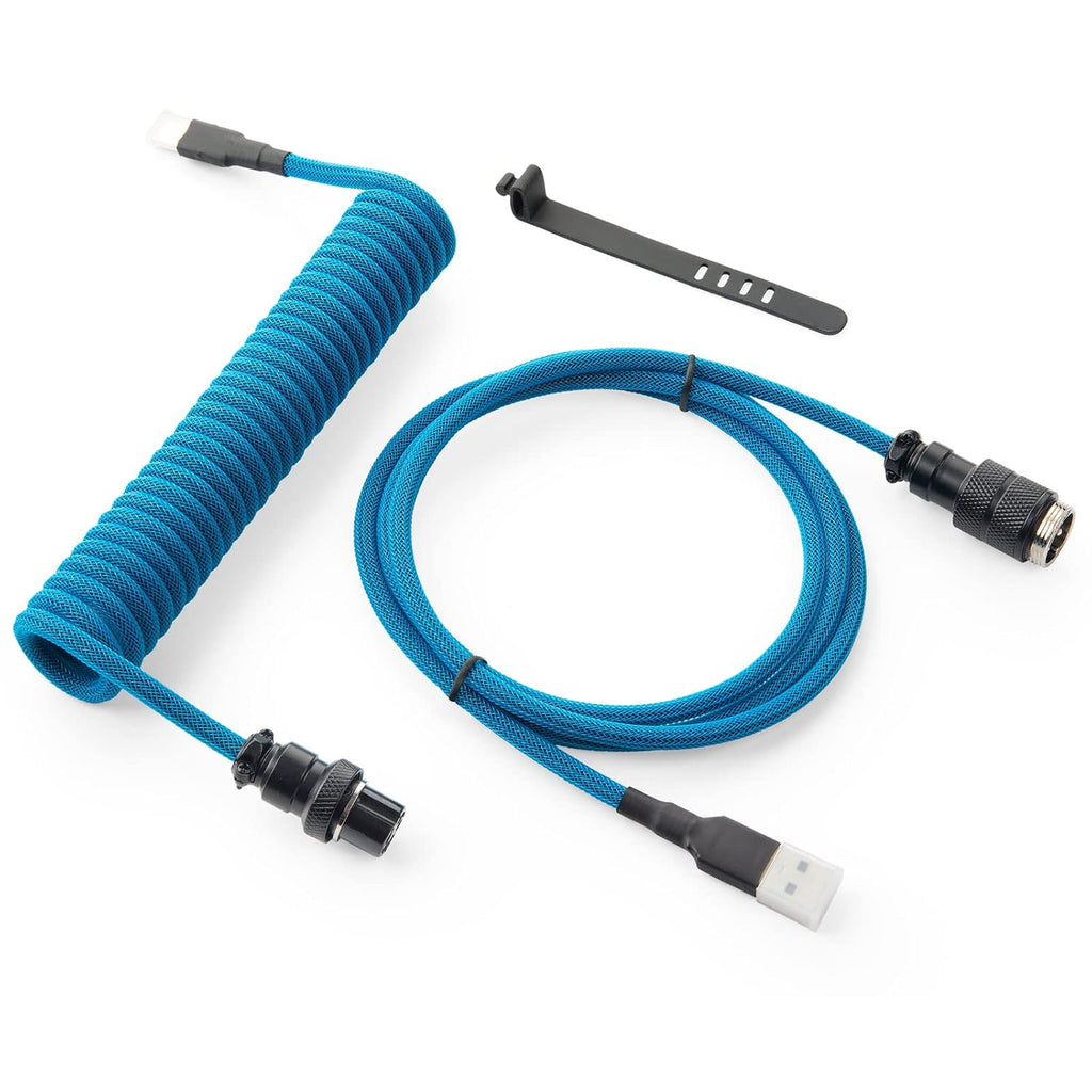 Pro Cable USB C en Espiral Personalizado para Teclado de Juegos, Cable de Teclado Mecánico de Doble Funda con Aviador Metálico Desmontable, 1.5M USB-C a USB-A, Color Azul