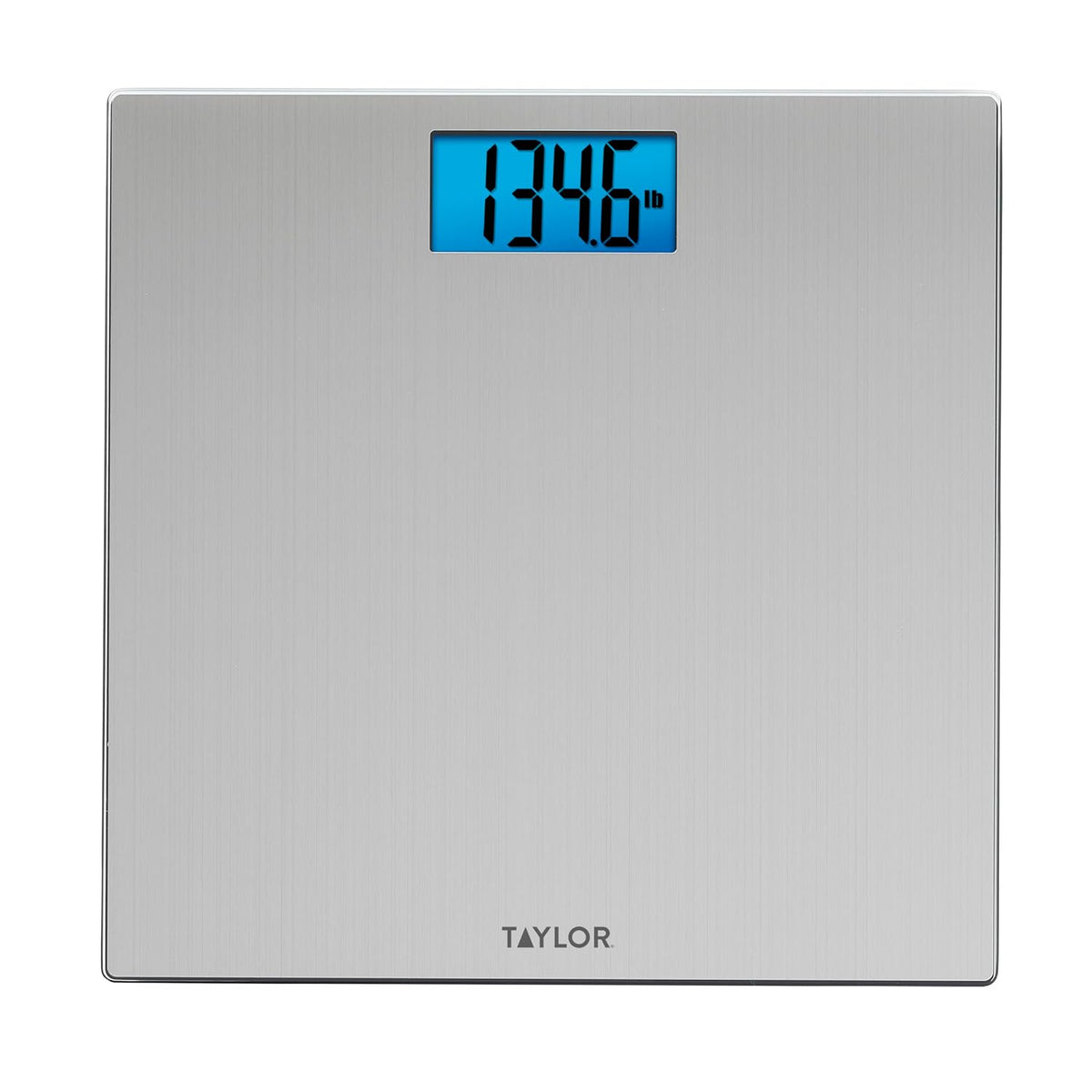 Taylor - Báscula digital para peso corporal, alta capacidad de 400 libras, plataforma de vidrio fino de acero inoxidable cepillado, LCD azul único, plataforma duradera, 11.8 x 11.8 pulgadas