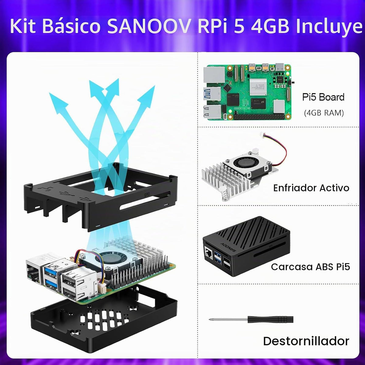 Kit Básico SANOOV para Raspberry Pi 5 4GB RAM con Enfriador Activo,...