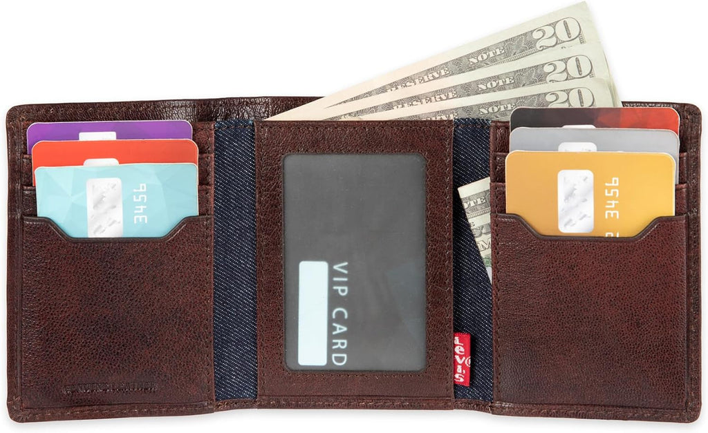 Levi's Billetera triple de cuero de puntada pesada para hombre, marrón, talla única