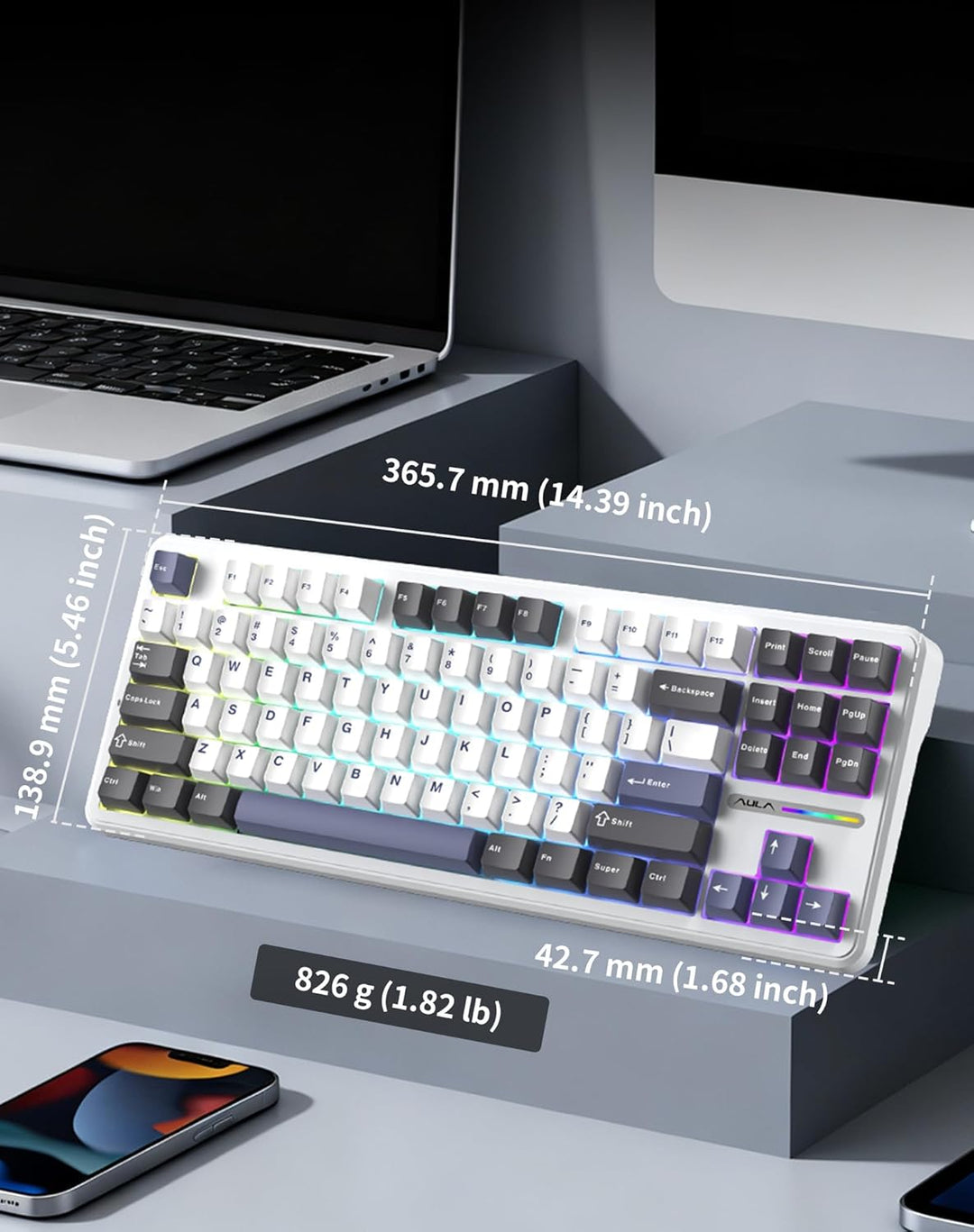 Aula F87 Pro Gaming Keyboard, Tri-Mode BT5.0\/2.4GHz\/USB-C Hot-Swa...