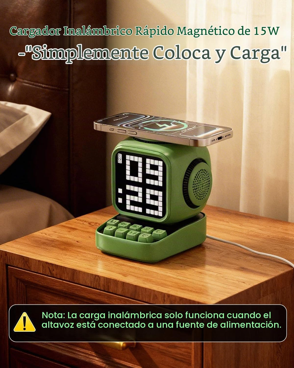 Altavoz Bluetooth 5 en 1 de robot retro: cargador inalámbrico de 15 W, pantalla LED de píxeles, sonido estéreo de 10 W y 15 ruido blanco, reloj despertador, lindo altavoz inalámbrico portátil para