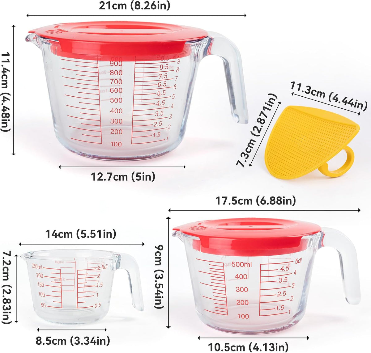 Juego de 6 tazas medidoras de vidrio con tapas (colador incluido) – 1 taza/2 tazas/4 tazas con asas de fácil agarre, medición de líquidos de cocina