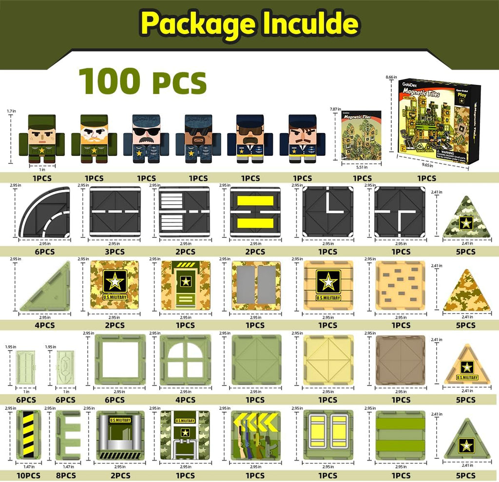 GobiDex 100 piezas de azulejos magnéticos, juguetes de carretera y ejército, Juego del ejército