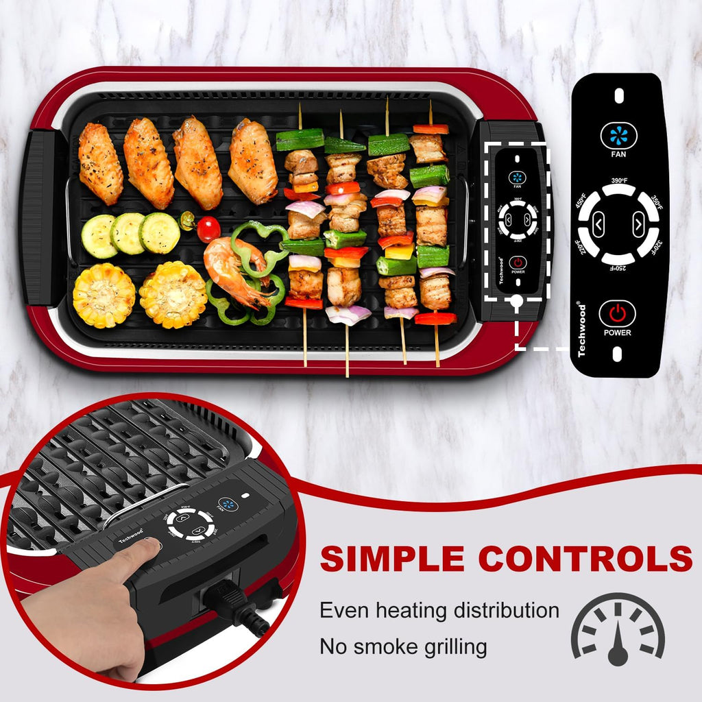 Techwood - Parrilla sin humo para interiores, parrilla eléctrica para interiores de 1500 W con tapa de vidrio templado, barbacoa coreana antiadherente portátil, tecnología de extracción de humo turbo, bandeja de goteo y placa extraíble doble, rojo