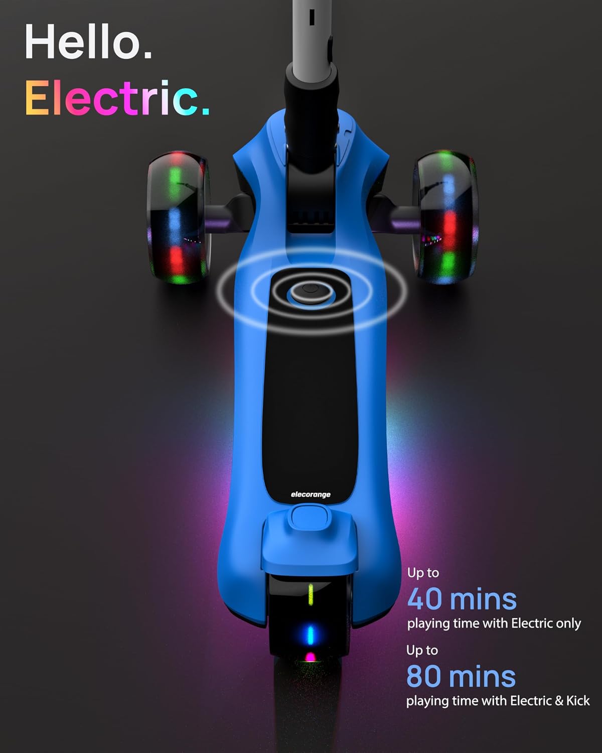 Elecorange Patinete eléctrico de equilibrio T200/T500 para niños de 4 a 9 años, 2 tipos de ruedas delanteras, bocina eléctrica, luces de cuerpo completo, cubierta ancha, velocidad segura de 5 Mph
