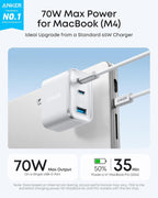 Anker Nano 70W Max Cargador Rápido de 3 Puertos USB-C, cargador tipo C de carga