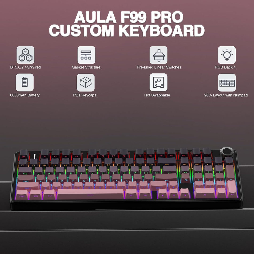 Teclado mecánico inalámbrico AULA F99 Pro con perilla, teclado trim...