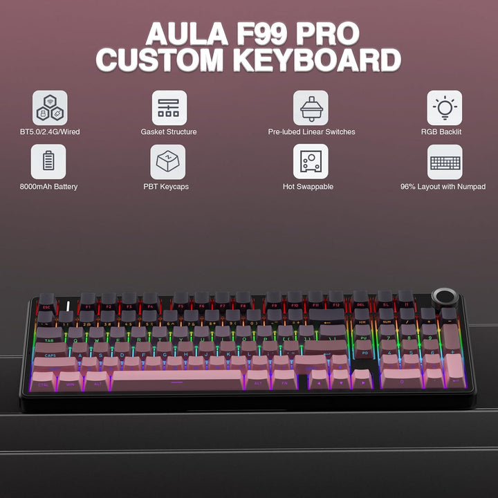 Teclado mecánico inalámbrico AULA F99 Pro con perilla, teclado trim...